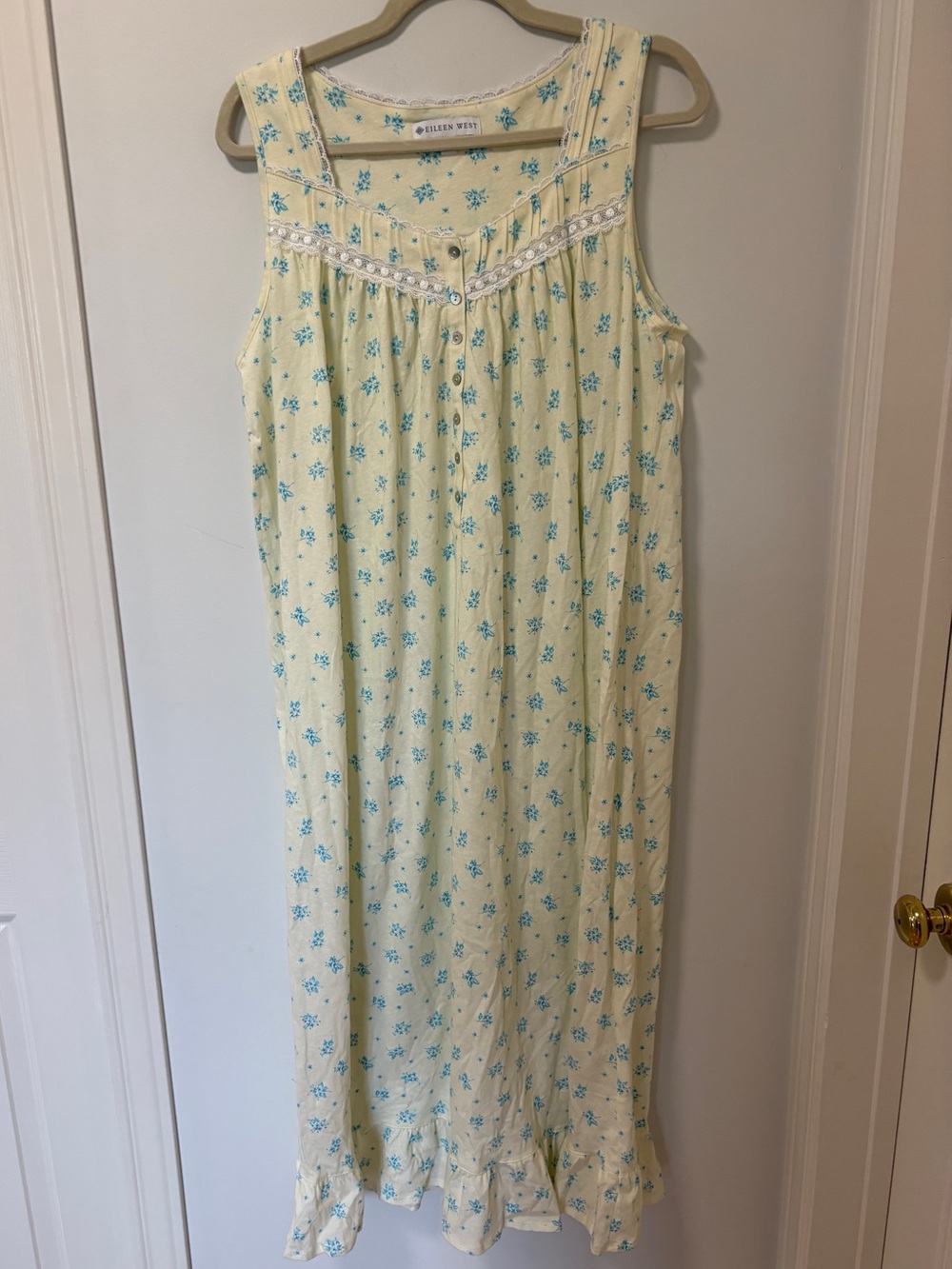 Eileen West Cotton Knit Lace Trim Floral Ballet Nightgown Yellow Blue